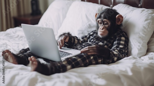 bed, computer, technology, chimpanzee, laptop, monkey, portrait, mammal, animal, fun, contemporary, modern, artwork, reading, bedchamber, couch, home, accessible, wild, person, intriguing, selective, 