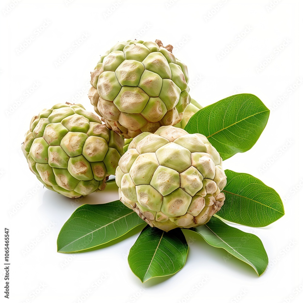 Obraz premium Ripe Custard Apple with green leaves top view isolated on white background, ripe tropical natural fruit concept