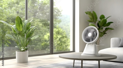 Energy-efficient home fans circulating air in a modern living room
