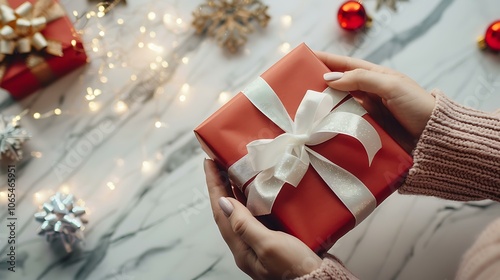 A pair of feminine hands gently holding a vibrant red gift box with a shiny white bow, with a soft light background and subtle holiday decorations out of focus