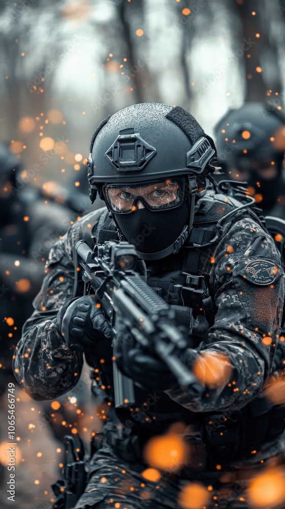 Naklejka premium Soldier Engages in Tactical Training Amidst Explosive Environment