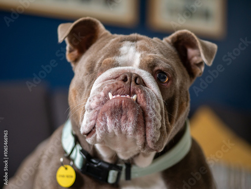 Face of bulldog with one eye - scar remains from surgery photo