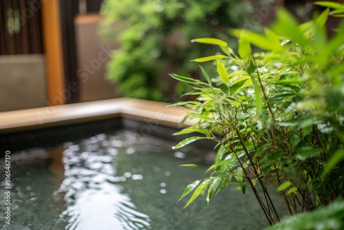 Tranquil garden setting featuring a serene pond surrounded by lush green plants on a peaceful day photo