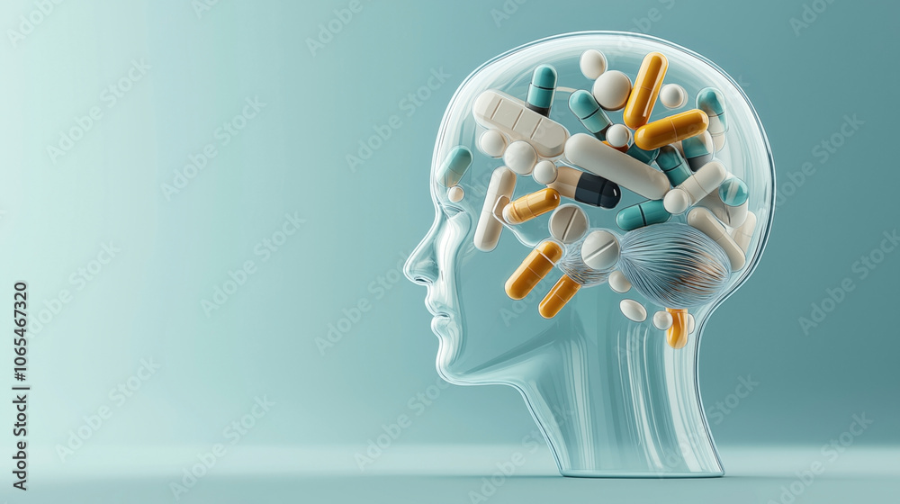 Obraz premium Transparent human head silhouette filled with various colorful pills and capsules against a gradient background, symbolizing medication and mental health concepts.