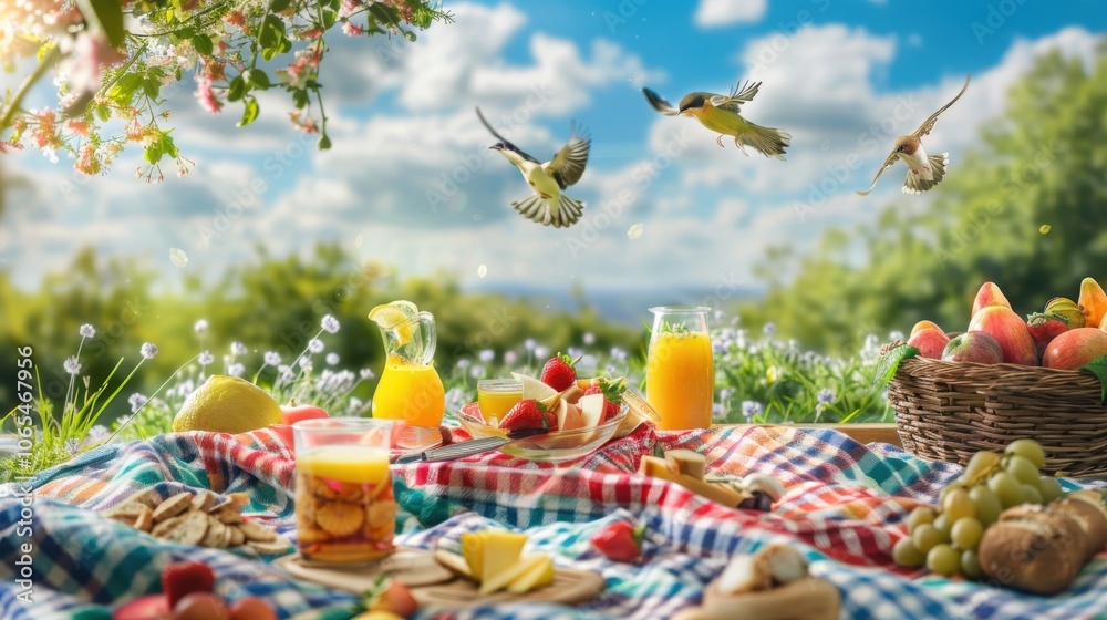 Fototapeta premium A vibrant summer picnic with birds flying overhead and a colorful blanket and food spread