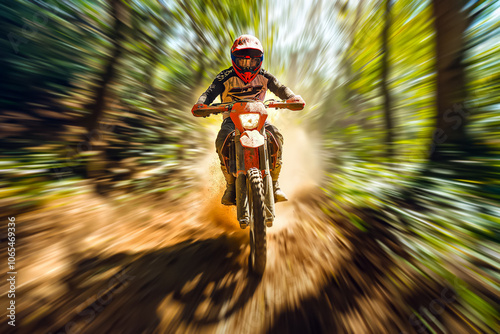 Dynamic image of a dirt bike rider in full gear, speeding through a lush forest trail. photo