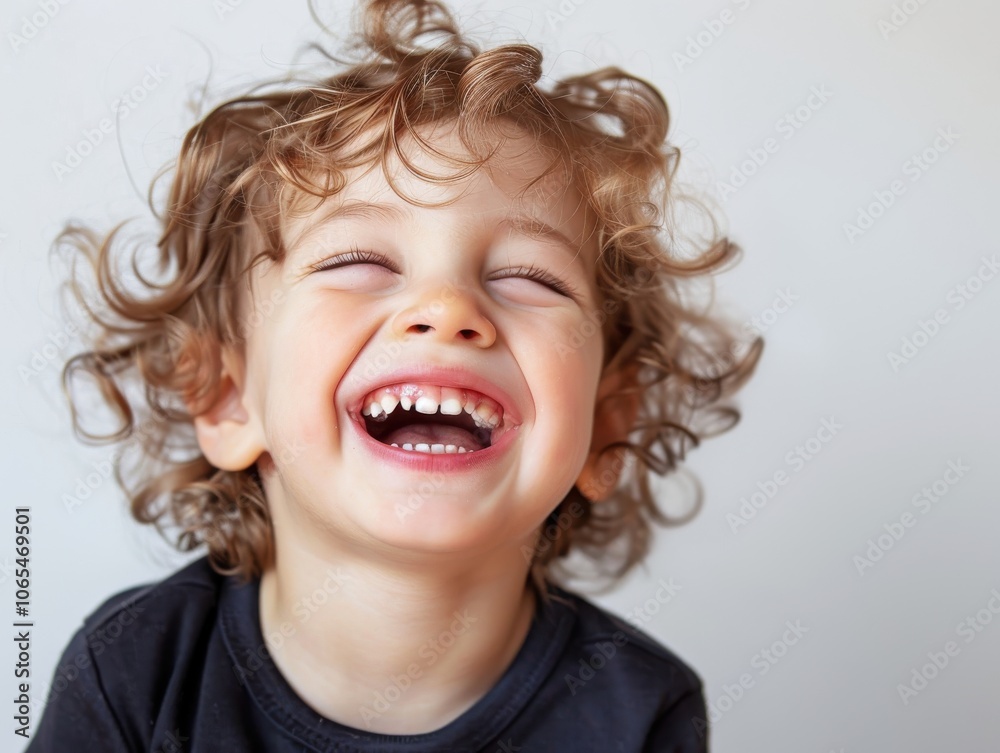 Close-up of a laughing child with a clean white backdrop, highlighting their happiness and playfulness Close-up of a laughing child with a clean white backdrop, highlighting their happiness and playfulness