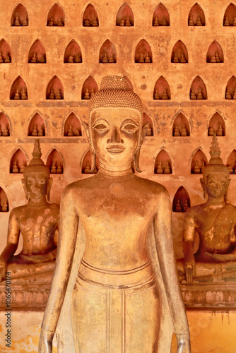 Buddha statues in front of a wall filled with many miniature buddha figurines in the cloister wall of Wat Si Saket, a buddhist temple in Vientiane, Laos photo