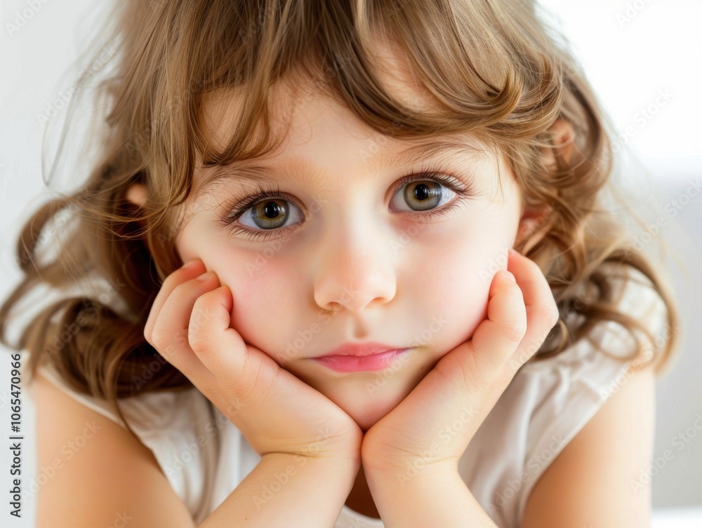 Close-up of a thoughtful child resting chin on hands, in front of a white background, showing contemplation Close-up of a thoughtful child resting chin on hands, in front of a white background, showing contemplation