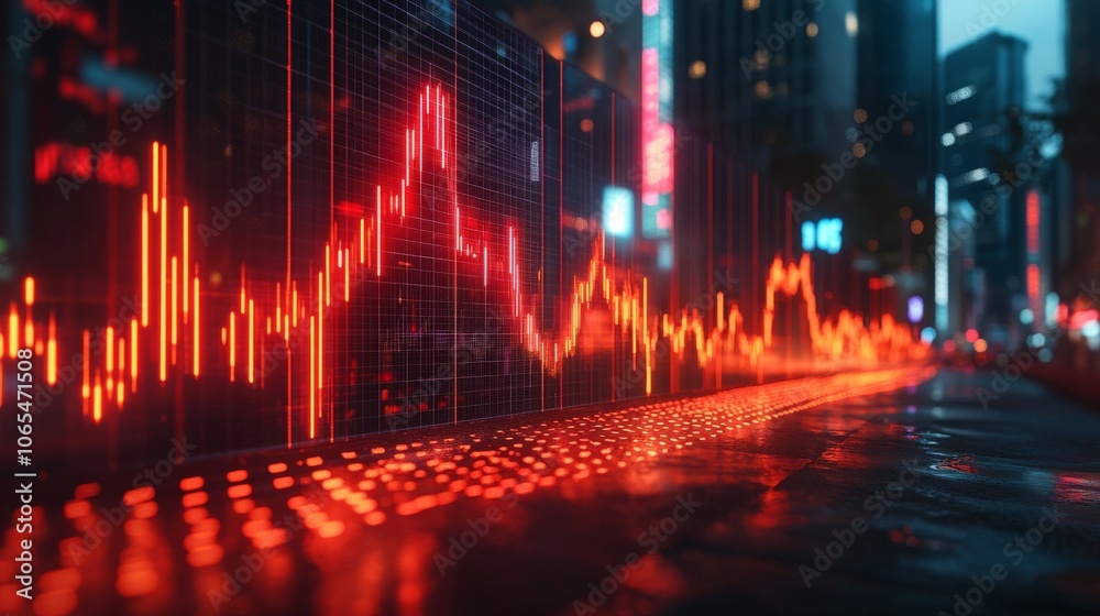 Red Stock Market Graph Displayed on a City Street at Night Red Stock Market Graph Displayed on a City Street at Night