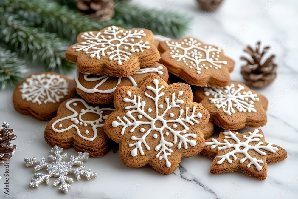 Pile of gingerbread cookies with white icing and decorative patterns, surrounded by pine branches and snowflakes on marble surface. Elegant Christmas scene. Pile of gingerbread cookies with white icing and decorative patterns, surrounded by pine branches and snowflakes on marble surface. Elegant Christmas scene.