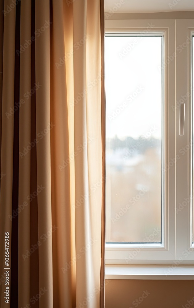 Fototapeta premium Soft curtains draping beside a bright window, creating a warm and inviting atmosphere.