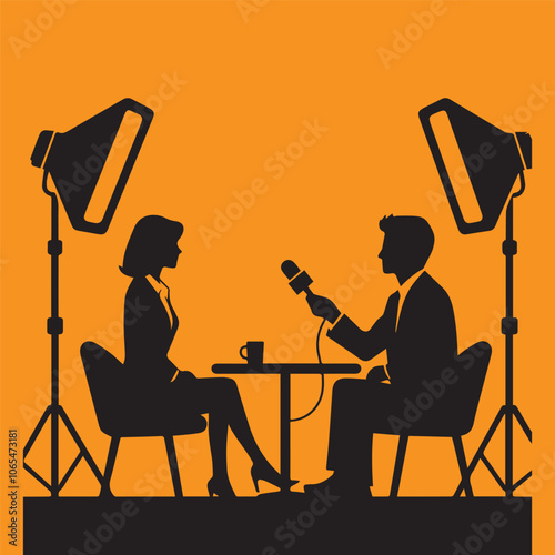 Host taking interview silhouette. Black and white talk show concept vector background.