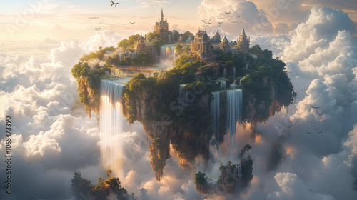 Fantasy floating island castle with waterfalls and dramatic sunset clouds