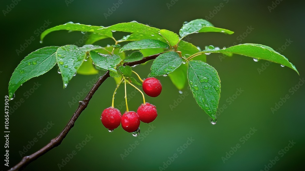 Obraz premium Red cherries on a branch with water droplets