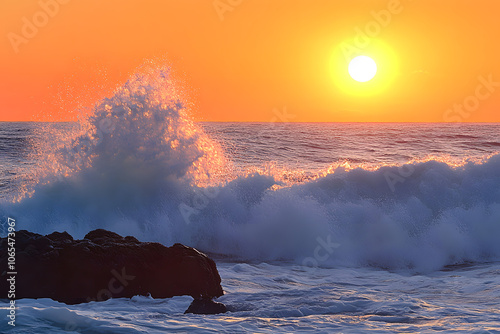 Captivating ocean sunset with waves crashing against rocks, warm orange sky reflecting over the water, perfect for nature lovers seeking serene, powerful, and mesmerizing sea views photo