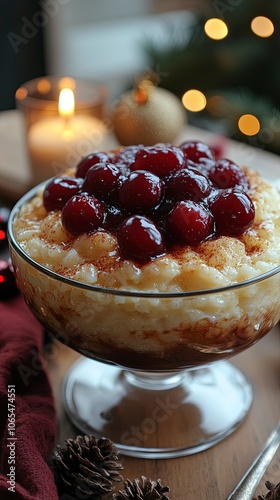 Traditional Danish risalamande rice pudding topped with cherry sauce, served in a glass bowl with Christmas decorations, cozy candlelight photo