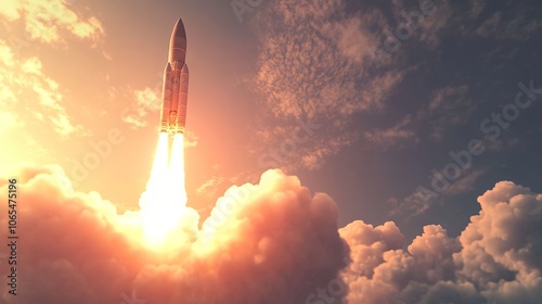 3D illustration of a rocket launching into the sky, symbolizing space exploration and military technology. AI generated illustration