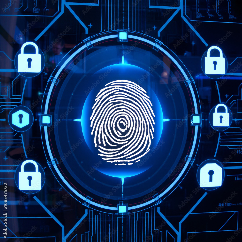 Fototapeta premium A digital fingerprint scan in progress on a futuristic interface surrounded by symbols of encryption
