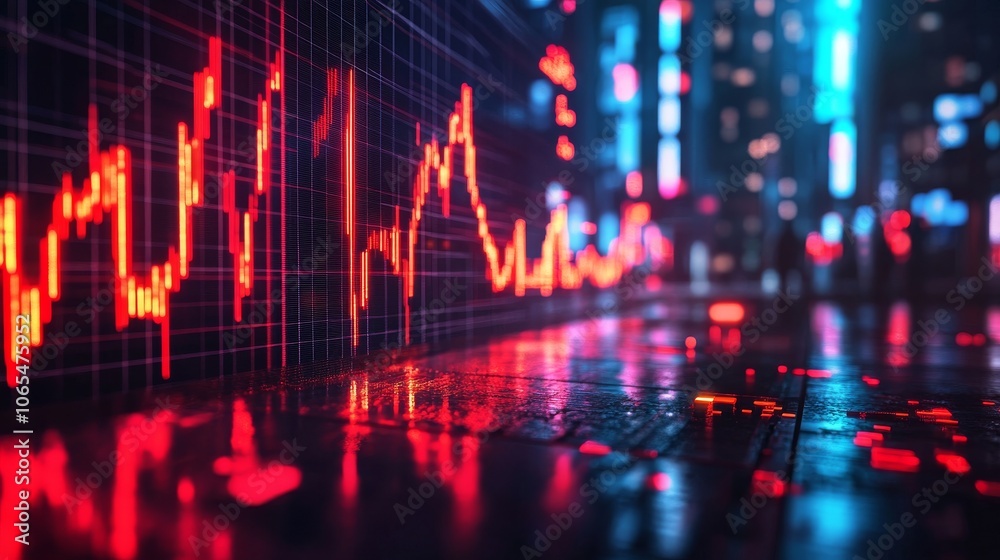 Red Stock Market Chart Reflected on Wet Pavement at Night Red Stock Market Chart Reflected on Wet Pavement at Night