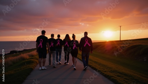 A pink-ribbon symbol for breast cancer awareness highlights walkers against a sunset glow backdrop photo