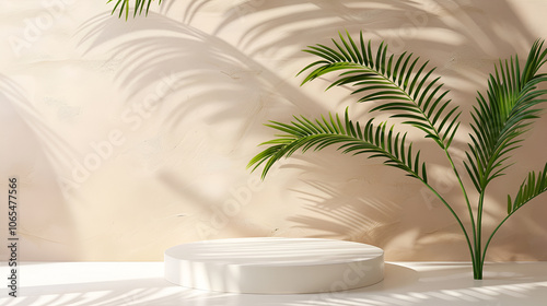 Mock up with round podium stone textured pedestal with natural soft shadow from palm leaves on beige background for product presentation or showcase