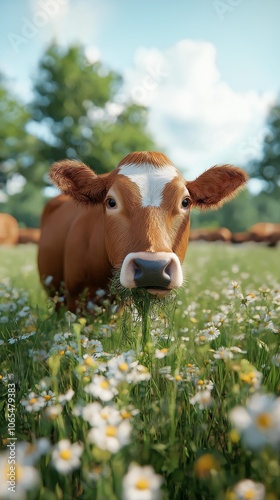 AI generator images of portrait of cow, bull with majestic horns grazing on the mountains in Domestic animals of meat, wool and milk work. photo