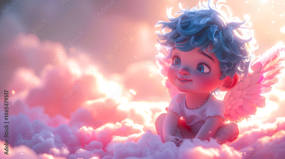 Fototapeta premium A cute angel with blue hair sits on pink clouds in the rays of sunlight. Cartoon cupid. Valentine's day. The 14th of February. The concept of love
