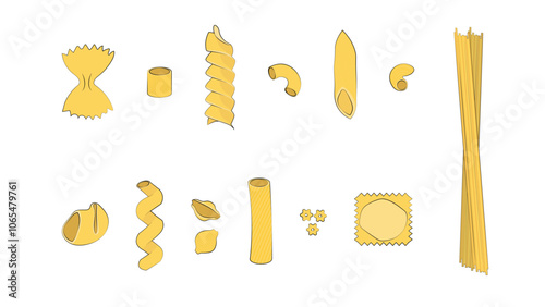 Different sorts of pasta. Set of different types of Italian pasta.Farfelle, ditalini, fusilli, conchigle rigate, penne, stelle, lumaconi, cavatappi,gomiti,elbow macaroni, ravioli,spaghetti,tortiglioni