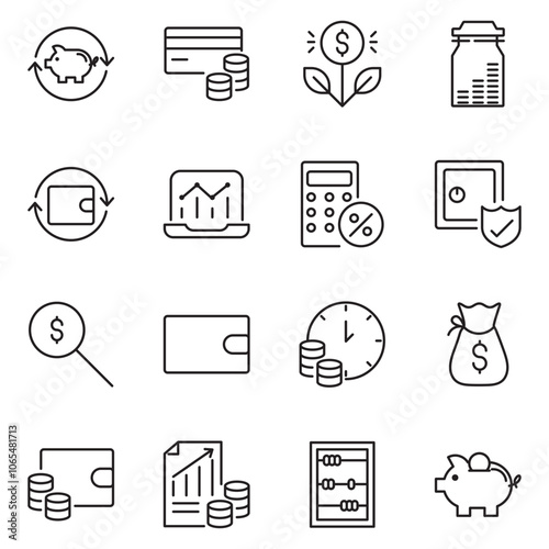 Money income line icon set. Pension fund, profit growth, piggy bank, finance capital minimal vector illustration. Simple outline signs for investment application
