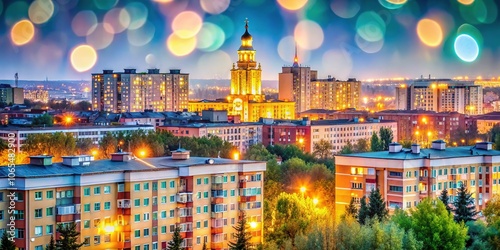 Ust-Kamenogorsk Kazakhstan Soviet Architecture Multi-Storey Residential Building Secondary School Bokeh Effect photo