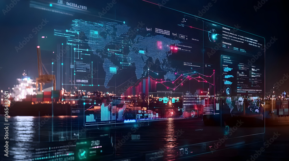 Obraz premium Logistics dashboard with global map, data analytics, and shipping visuals