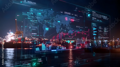 Logistics dashboard with global map, data analytics, and shipping visuals