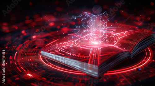 futuristic book with glowing red digital elements and holographic graphics, symbolizing advanced technology and knowledge. vibrant design evokes sense of innovation and creativity