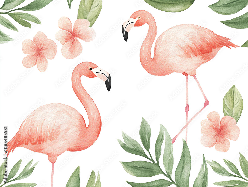 Fototapeta premium Flamingos in tropical setting with pink flowers and green leaves create vibrant and lively atmosphere. Perfect for summer themed designs