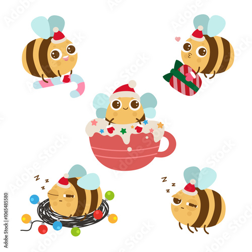 Cute Christmas bee set. Funny kawaii Christmas stickers