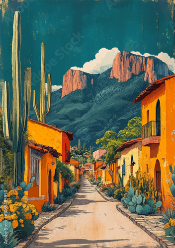 Colorful desert village with vibrant yellow-orange buildings, cacti, and desert plants lining a quiet street. Set against a dramatic mountain backdrop, this scene evokes a warm, southwestern charm