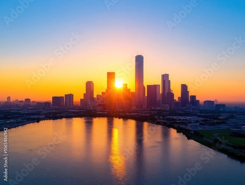 Wallpaper Mural City skyline at sunset over a calm river with glowing reflections. Torontodigital.ca