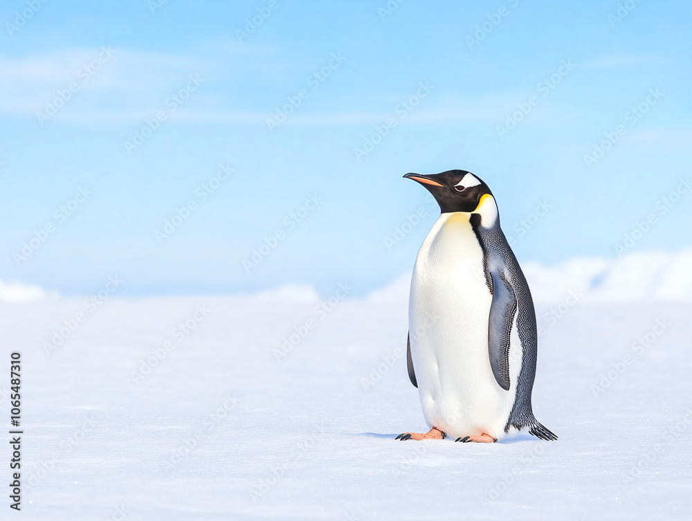 Obraz premium majestic emperor penguin stands on snowy landscape under clear blue sky, showcasing its distinctive black and white plumage