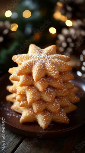 Traditional Finnish joulutorttu star-shaped pastries, dusted with sugar, served with Christmas decor and warm lighting photo