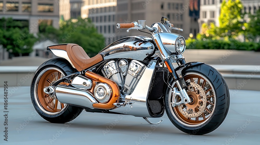Obraz premium The sleek and modern motorbike gleams in the sunlight, its chrome accents catching the eye of onlookers as it sits parked against the backdrop of an urban cityscape.