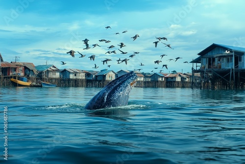 AI generator image of whale,Bryde's whale, Eden's whale in ocean ,Whale eating fish with brid flying up in the Thailand sea, Thailand Whale Tourism for geography the gulf of Thailand. photo