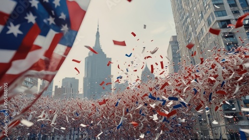 
Shredded paper with the colors of the flag thrown out of windows celebrating democracy in the USA photo