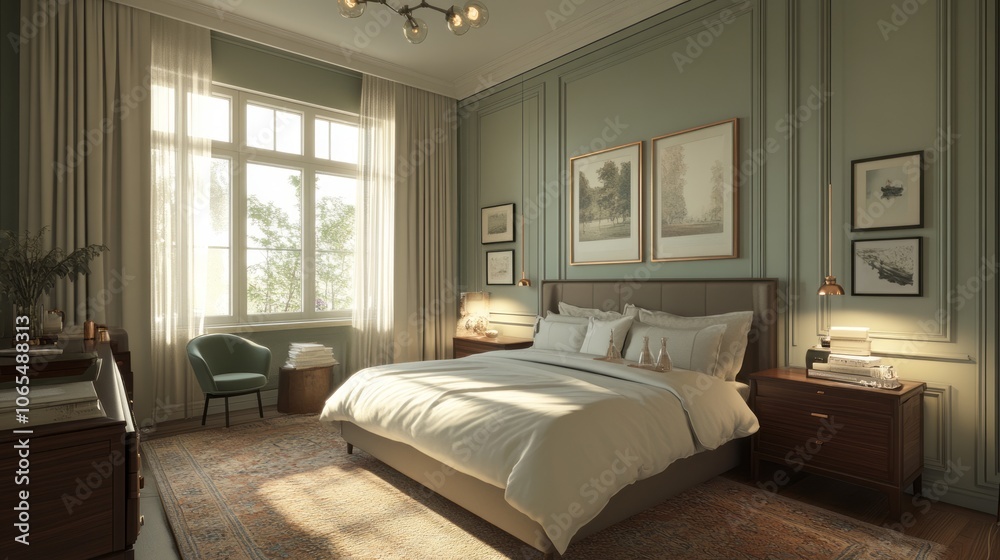 Fototapeta premium Luxurious Bedroom Interior with Large Window and Beige Bed