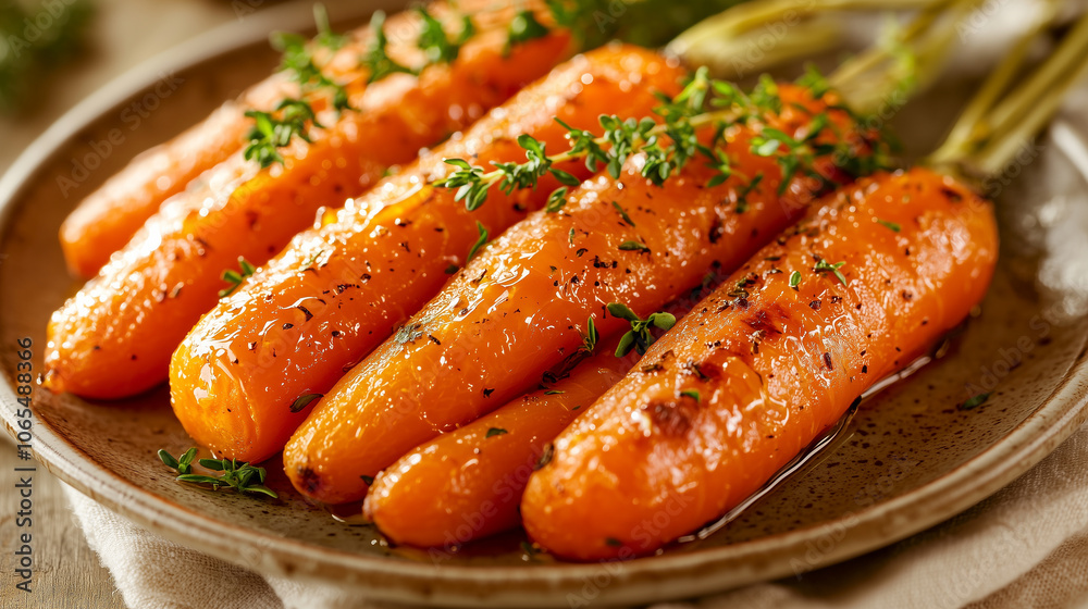 Roasted Carrots with Fresh Thyme on Rustic Plate Roasted Carrots with Fresh Thyme on Rustic Plate