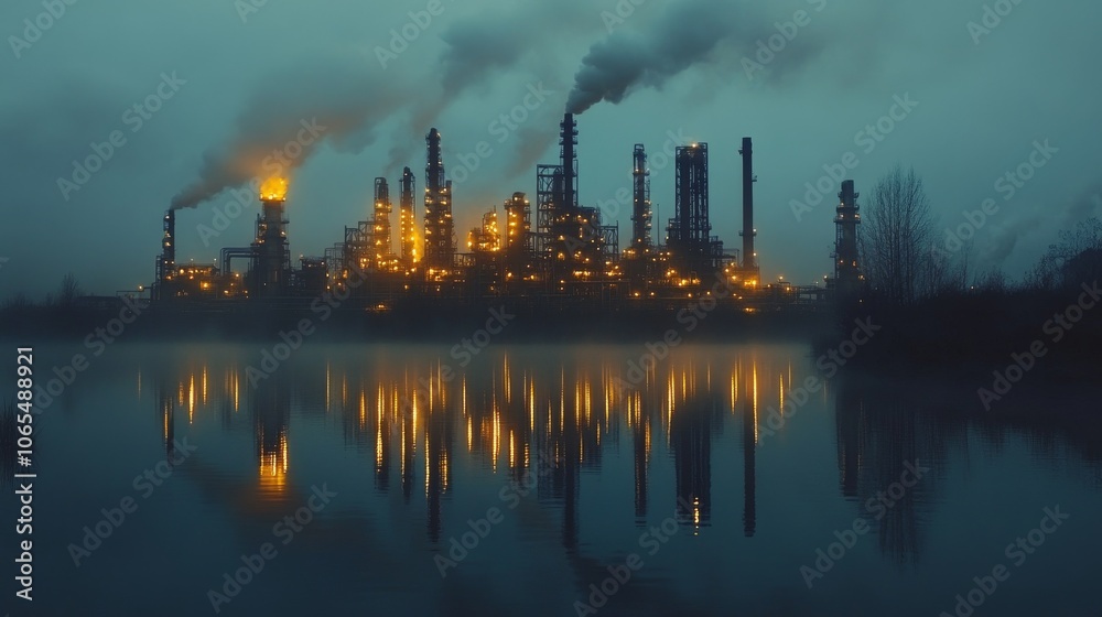Industrial Plant Silhouetted Against a Misty Night Sky Reflected in Still Water