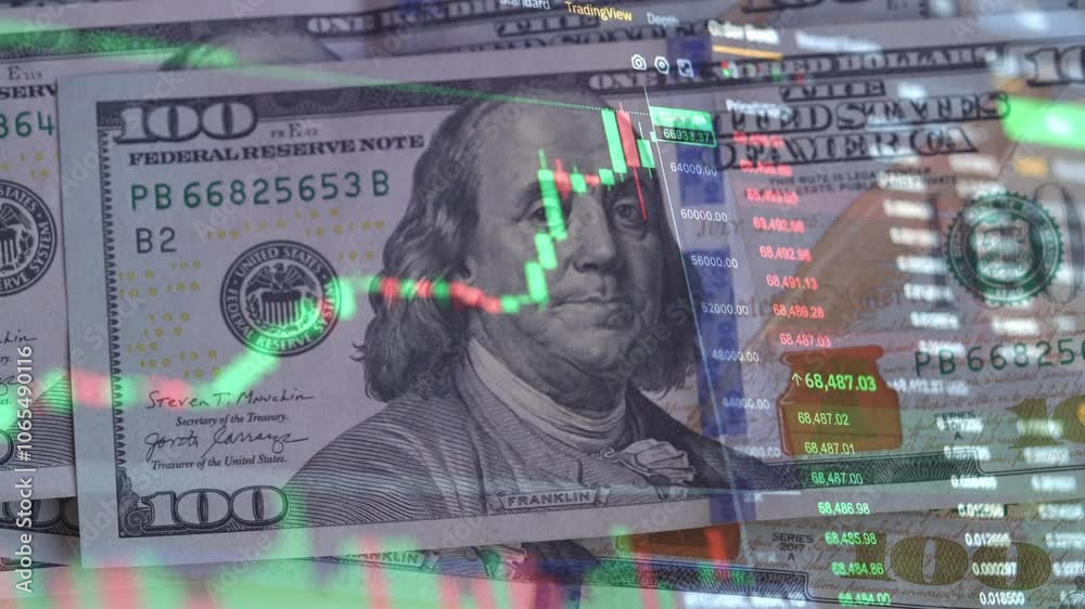 Stock market chart with candlesticks on the background of US dollar bills. Stock exchange. Exchange market. Investment. Savings. Electronic money and cryptocurrency. Bitcoin price chart in dynamics.