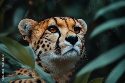 Cheetah Portrait with Curious Eyes and Sharp Whiskers in Foliage photo