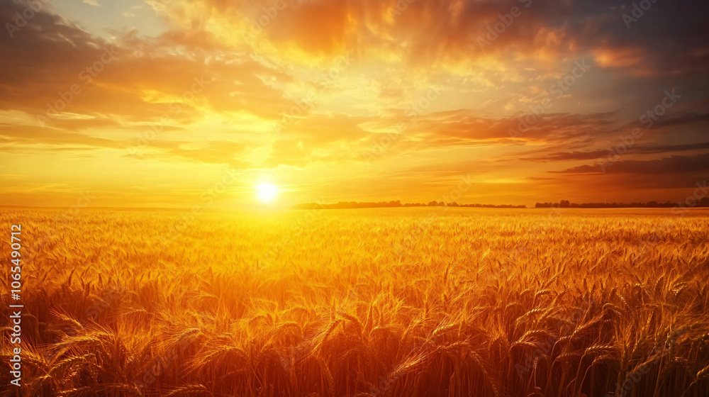 Fototapeta premium A vibrant sunset illuminating a golden field of barley, creating a stunning contrast against the darkening sky.