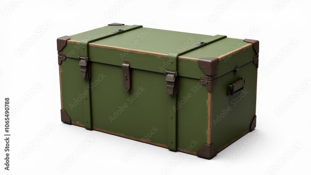 Realistic ammo box, ammunition wooden box with rugged metal latches and a vintage green hue, great for military-themed presentations Realistic ammo box, ammunition wooden box with rugged metal latches and a vintage green hue, great for military-themed presentations